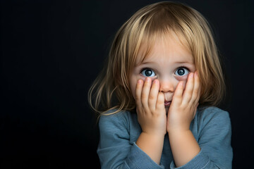 Frightened blonde little girl covers her mouth, displaying a range of emotions, with her shy blue eyes standing out against a dark backdrop