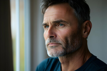 Obraz premium Serious, mature man with grey hair and a beard gazes thoughtfully out a window, reflecting on hope, worry, and aging