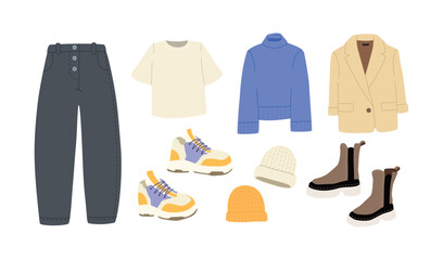 Modern shopping illustration with clothes and shoes, sweater, jacket, sneakers and knitted hats. Trendy flat design for e-commerce, retail, or tech projects. Simple vector art for digital use