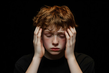 Portrait of a freckled caucasian teenage boy with closed eyes, holding his head in distress against...