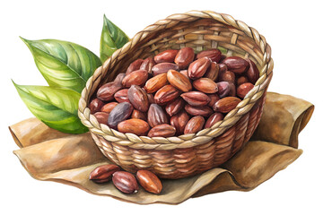Watercolor hand drawn Lots of cocoa beans in a basket on white background