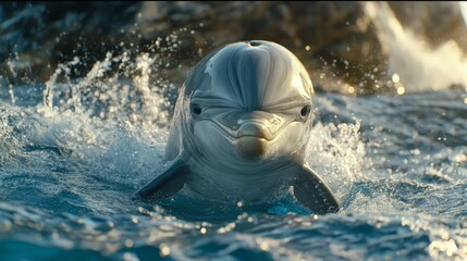 Obraz premium Playful Dolphin Swimming in Clear Blue Water