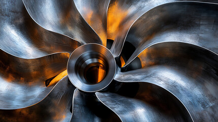 Pump Components: A detailed macro shot of a water pump's impeller, highlighting the intricate blades and the smooth metal finish