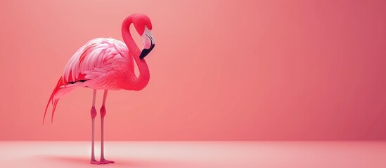 Fototapeta premium Elegant and graceful flamingo standing in a simple minimalist studio setting with a vibrant pink background This contemporary