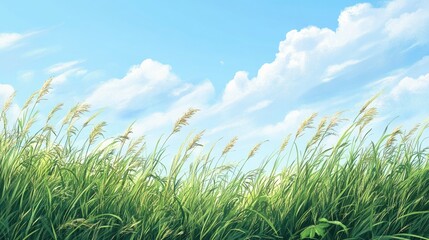 Fototapeta premium A summer meadow filled with tall grass and blue skies, with room for text