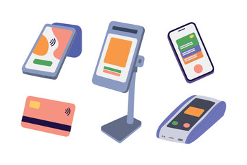 Set of modern payment devices and technology icons. Flat vector design featuring mobile payments, card readers, and contactless cards. Idea for digital wallets, e-commerce, and financial services.