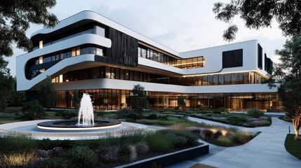 Fototapeta premium Modern architectural building with sleek design and large windows surrounded by landscaped garden and a central fountain.