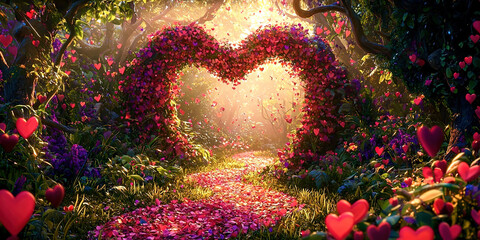 A forest with a heart shaped path and flowers
