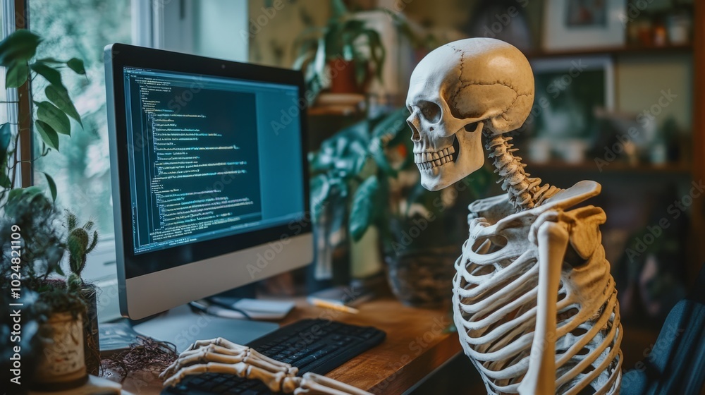 Poster A skeleton is sitting in front of a computer monitor