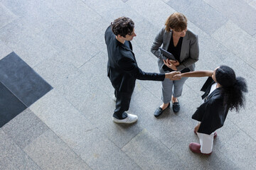 Top angle view. businesspeople handshake agreement success. professional cooperation partner...