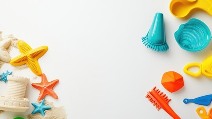 Assorted beach toys, including a sandcastle mold and rake, on a white background with copy space