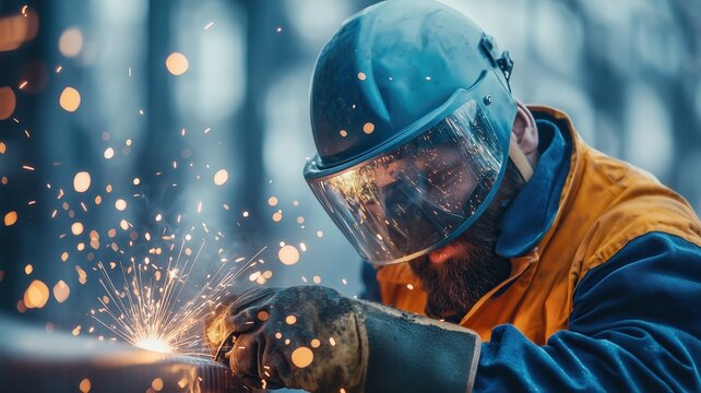 A skilled worker wearing protective gear, focused on metalwork while grinding, surrounded by sparks and industrial environment. - Powered by Adobe