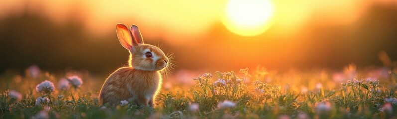 Fototapeta premium Rabbit sitting in a field of flowers at sunset