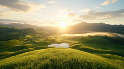 Fototapeta premium Breathtaking sunrise over lush green hills, with a serene pond reflecting the warm light of the morning sun, creating a peaceful and idyllic natural scene.