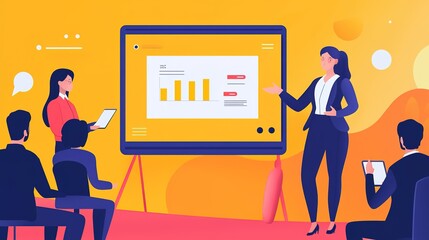 A group presents data on a colorful screen, showcasing graphs and charts, indicating a business meeting or professional discussion.