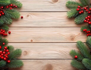 festive winter christmas and new year holiday evergreen branches and red berries frame on sides over rustic light wood horizontal background texture with copy space