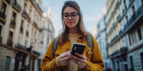A young woman stands on a city street smiling as she uses her smartphone. The picturesque background features charming architecture. This image captures vibrant city life. AI