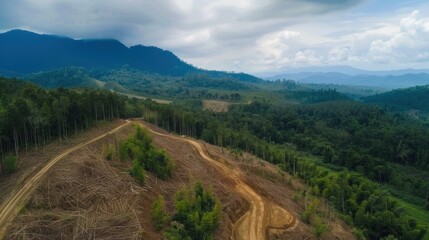 Fototapeta premium Deforestation impact in tropical mountain landscape with dirt road and dense clouds