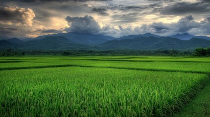 Fototapeta premium Lush Rice Field Under Dramatic Cloudy Sky