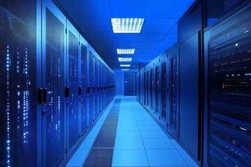 Futuristic blue data center corridor with server racks and advanced technology