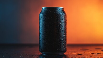 A cold aluminum can with condensation on its surface. The can is illuminated with a vibrant orange light on a dark background.