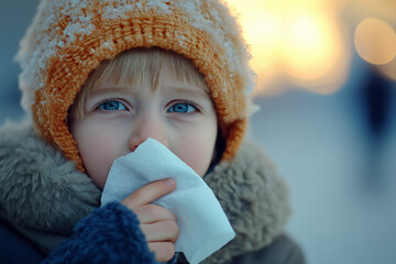 child with stuffy nose, handkerchief in hand