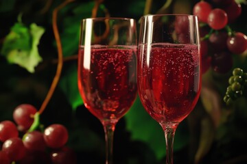 Sparkling Red Wine. Wine Glasses with Red Liquid, Grapes, and Fruits. Celebrate with a Glass of Red