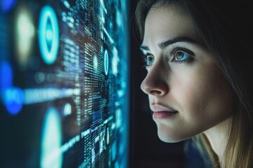 Woman analyzing digital data on screen in futuristic technological environment