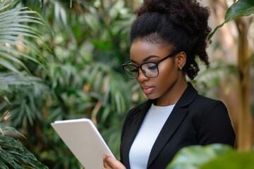 Confident businesswoman using tablet in lush green workspace