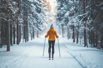 Solo winter skiing adventure in snowy forest landscape