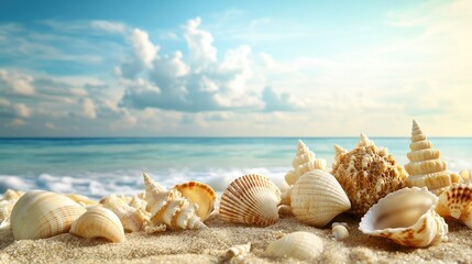 Close-up of seashells scattered on a summer beach, with space for text in the sky
