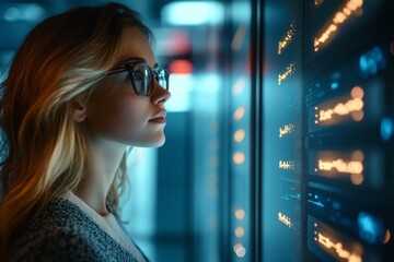Woman analyzing data in modern server room with digital interface