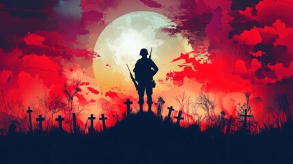 Obraz premium An army soldier standing resolutely on a grave under the luminous full moon, depicted in a striking red and black color scheme. This powerful illustration, created with vector graphics, highlights a s