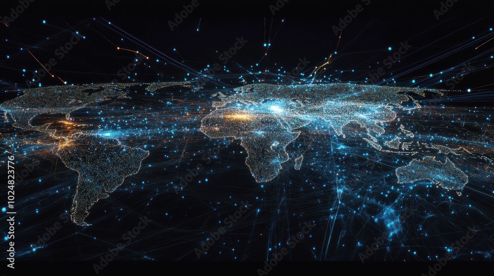Poster a digital rendering of the earth's continents with lines and dots representing global connectivity