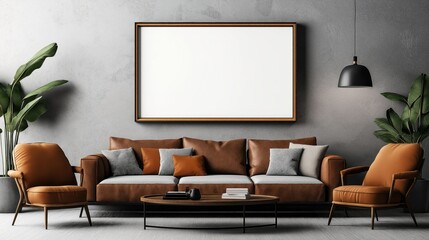 Modern living room with brown leather sofa, armchairs, large blank picture frame, indoor plants, and black pendant lamp