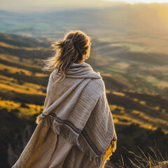 Young woman standing on a hillside wrapped in a warm wool blanket looking at the scenery