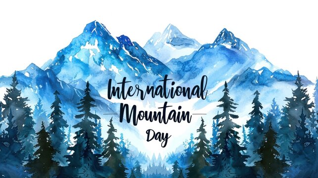 Watercolor illustration of blue mountains with pine forest for International Mountain Day - Powered by Adobe