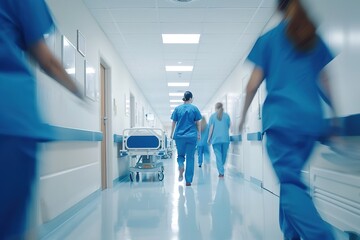 Blurred figures of people with medical uniforms in hospital corridor	