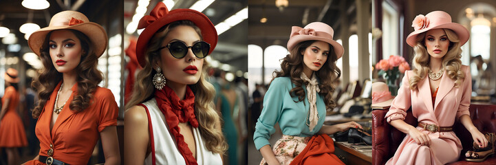 Beautiful women wearing different vintage hat and different colour retro-style dress, exuding...