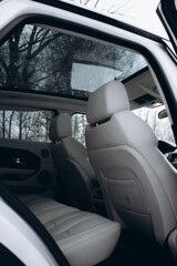 Interior of a car with white leather and panoramic roof. view of interior from the back of car. Against the background of a forest area