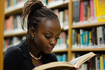 Focused student reading in library with shelves of books in background