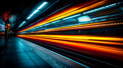A blurred image of a train speeding through a subway station.