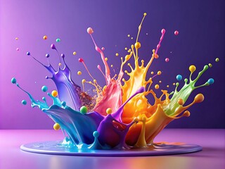 Creative Colorful Paint Splashes on Pastel Purple Background - Aesthetic Summer Concept