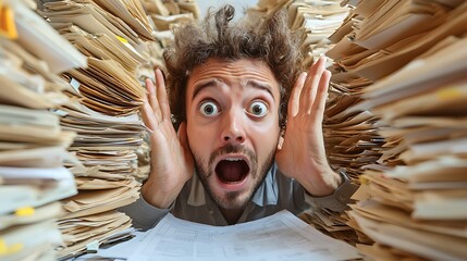 Overwhelmed Man Buried in Paperwork Stress Deadline Business Concept