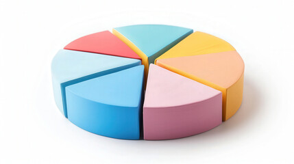 Obraz premium 3D Clay Style Pie Chart for Marketing, vibrant segments illustrating data distribution, creatively designed, clear presentation on a bright white backdrop, engaging visual element