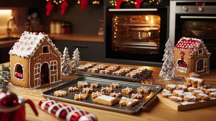 A kitchen countertop decorated for Christmas with gingerbread houses, gingerbread cookies, and a rolling pin.