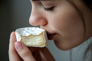 Woman enjoying the aroma of camembert cheese