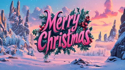 Merry Christmas text adorned with holly and berries, set against picturesque winter landscape with snow covered mountains and colorful sky