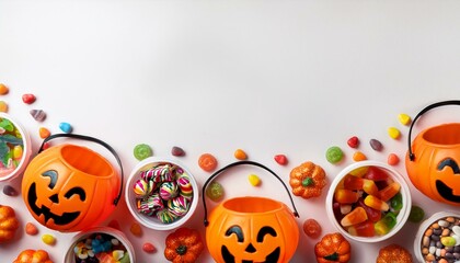 Obraz premium halloween trick or treat bottom border with jack o lantern pails and a variety of candy top view on a white banner background with copy space