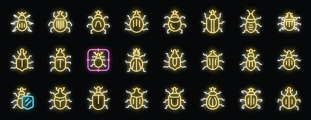 Set of neon icons depicting various types of bugs, with one highlighted in a crosshair